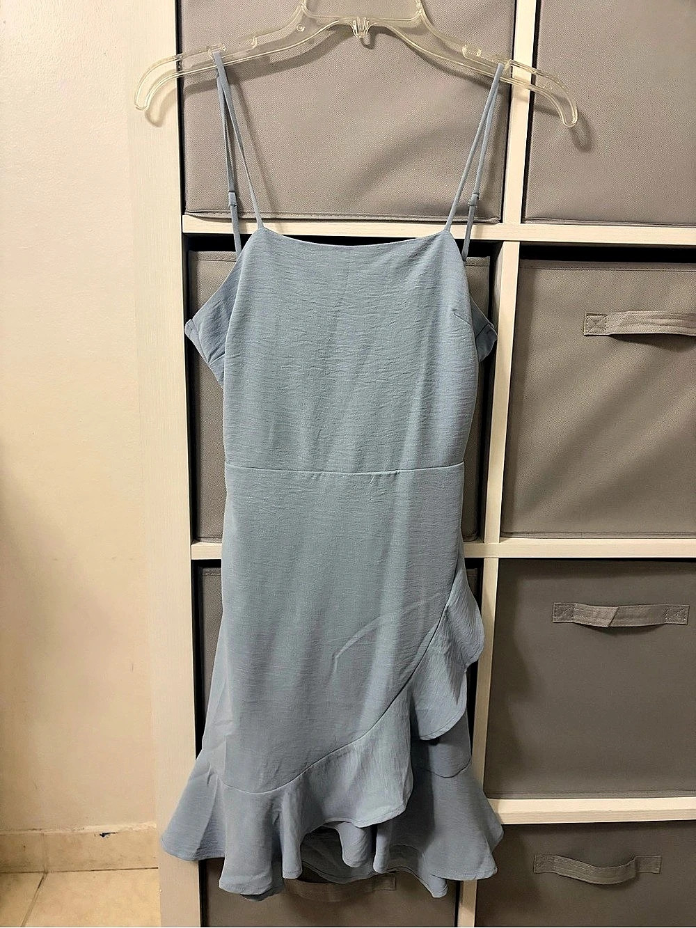 Monteau Los Angeles Dusty Blue Ruffle Mini Dress with Open Tie Back, New with Ta